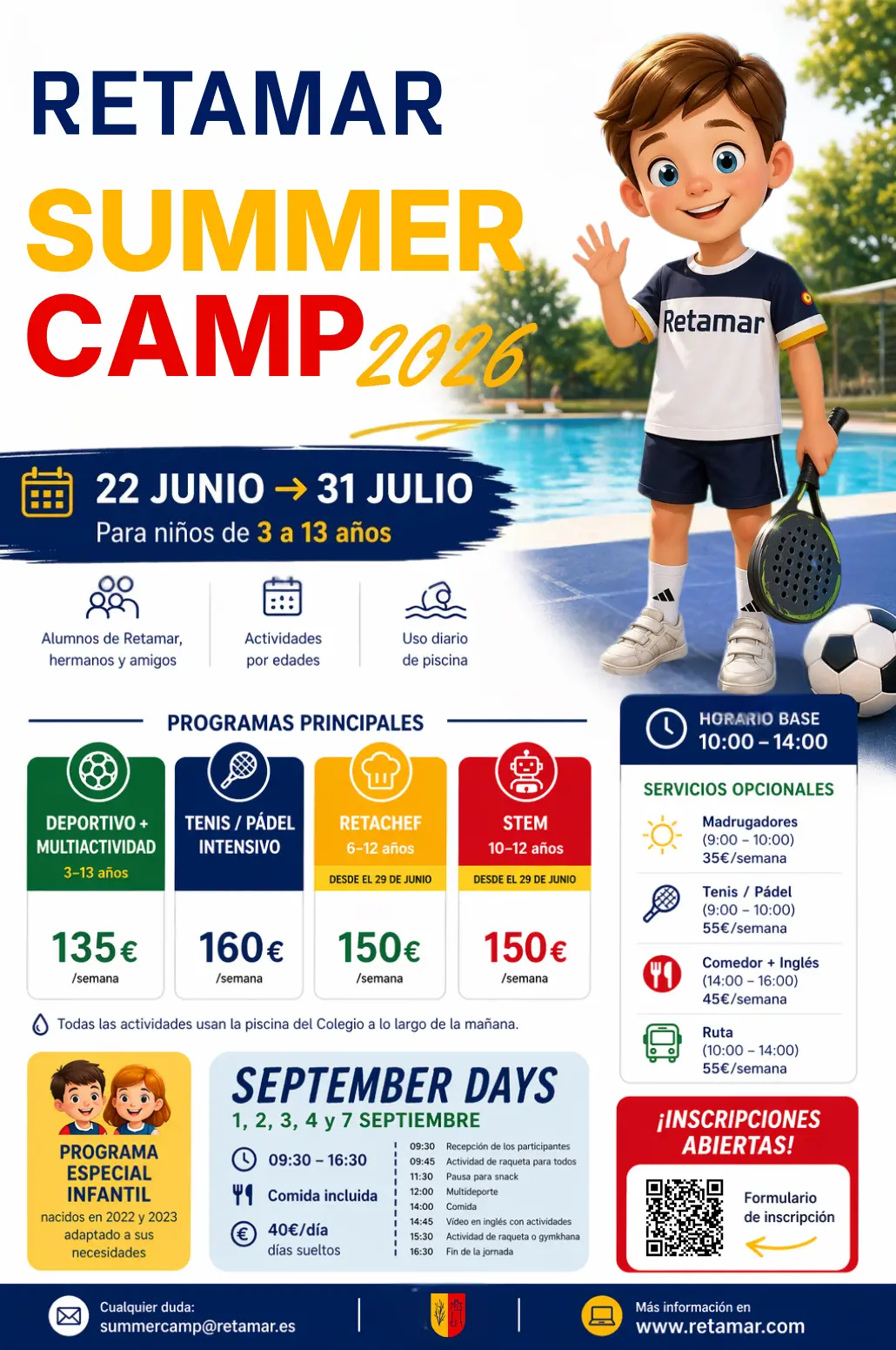 retamar-summer-camp-2026-cartel Cartel promocional de Retamar Summer Camp 2026: fechas 22 junio–31 julio para niños de 3 a 13 años, imagen de niño con pelota junto al logo Retamar.